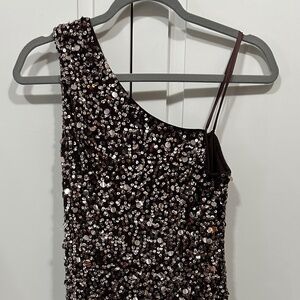 Adrianna Papell Brown Gold Silk Beaded Sequin One Shoulder Cocktail Dress